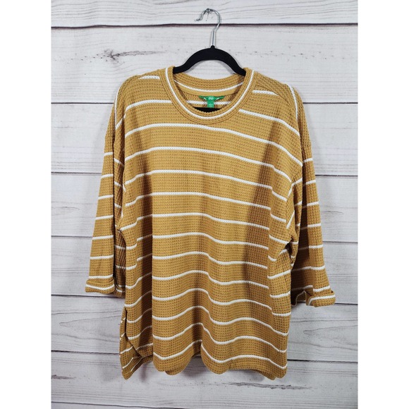 Dip Womens Top Oversized Striped Waffle Knit Short Sleeve Round Neck‎ Mustard L - Picture 1 of 6